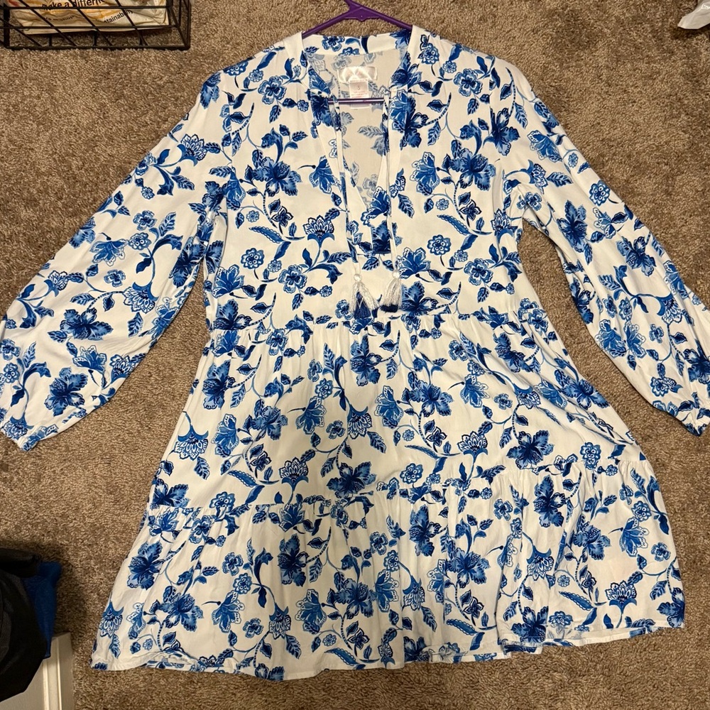 Elegant Blue Floral Long Sleeve Dress